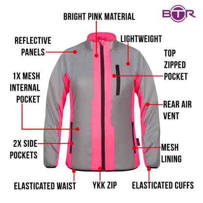 BTR womens pink jacket features infographic, bright pink material