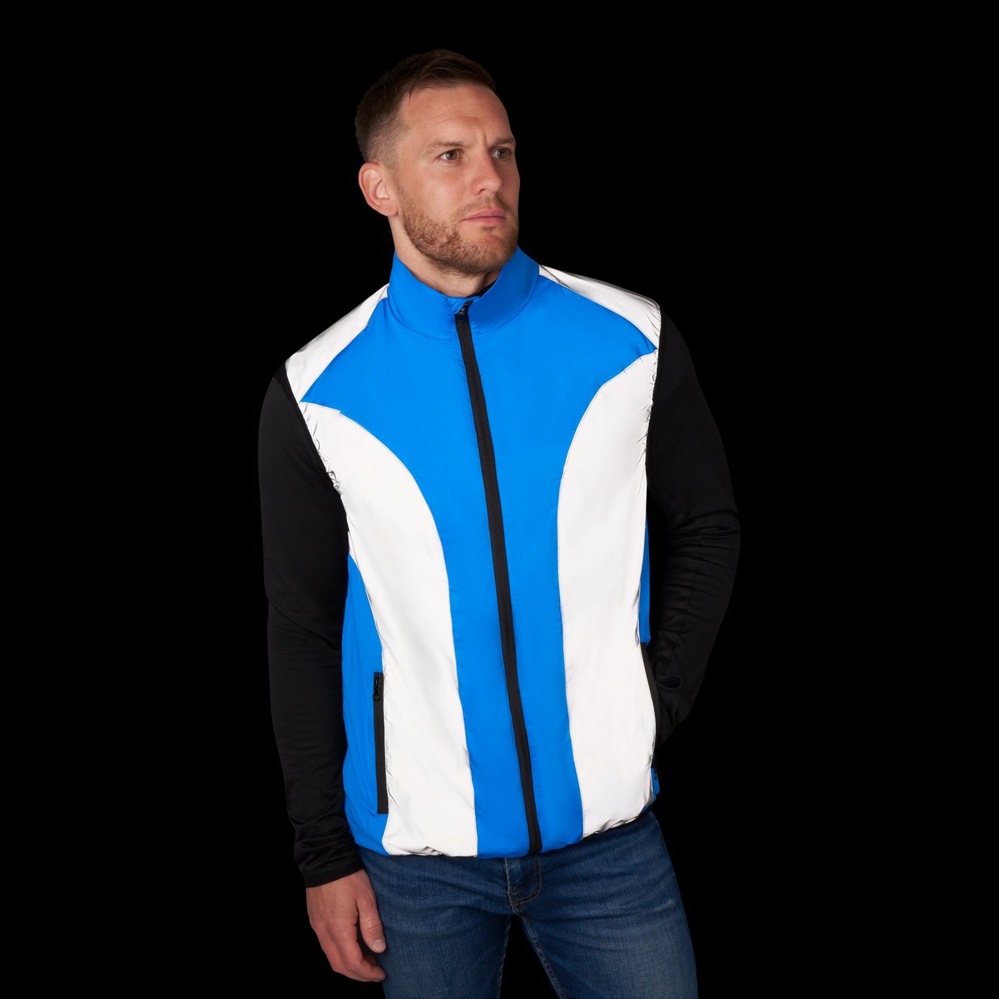 BTR mens blue hi vis gilet worn at night