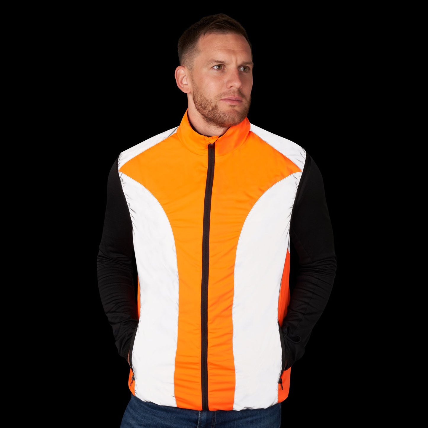 BTR mens orange hi vis gilet worn at night