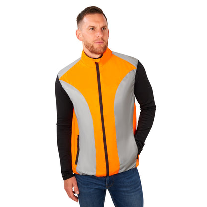 BTR mens orange reflective gilet worn by a model