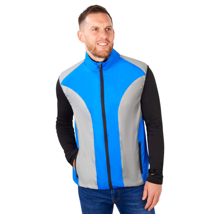 BTR mens blue reflective gilet worn by a model