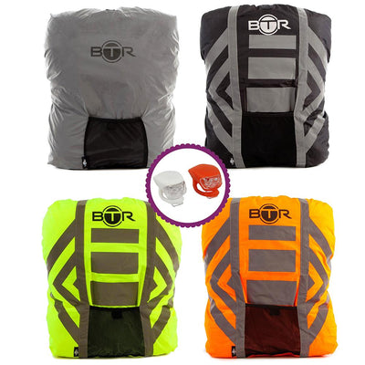 BTR Waterproof High Vis Reflective Backpack Rain Cover with 2 x LED Bicycle Lights