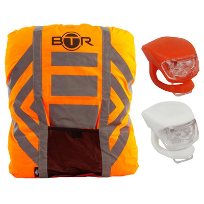 BTR Waterproof High Vis Reflective Backpack Rain Cover with 2 x LED Bicycle Lights