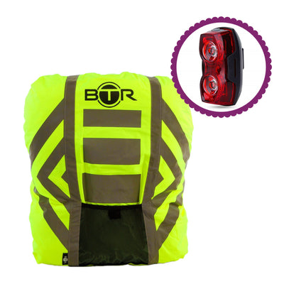 BTR Waterproof High Vis Reflective Backpack Rain Cover with Red LED Bike Light