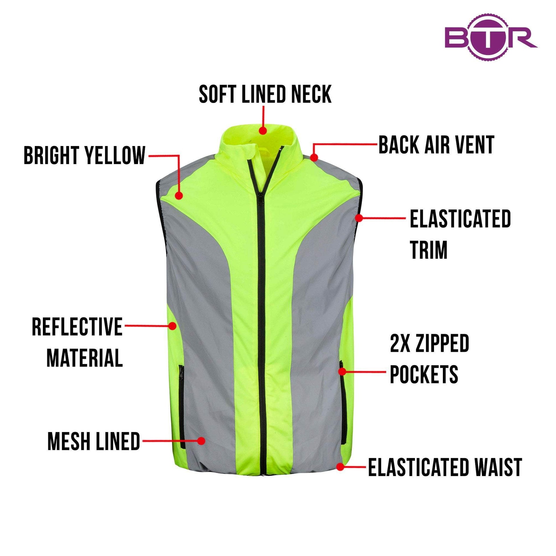 BTR mens yellow gilet features infographic, bright yellow material