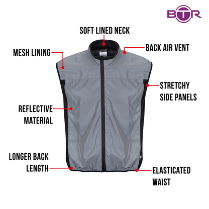 BTR Reflective Running & Cycling Gilet & Vest | Silver Hi Vis | 360° Visibility